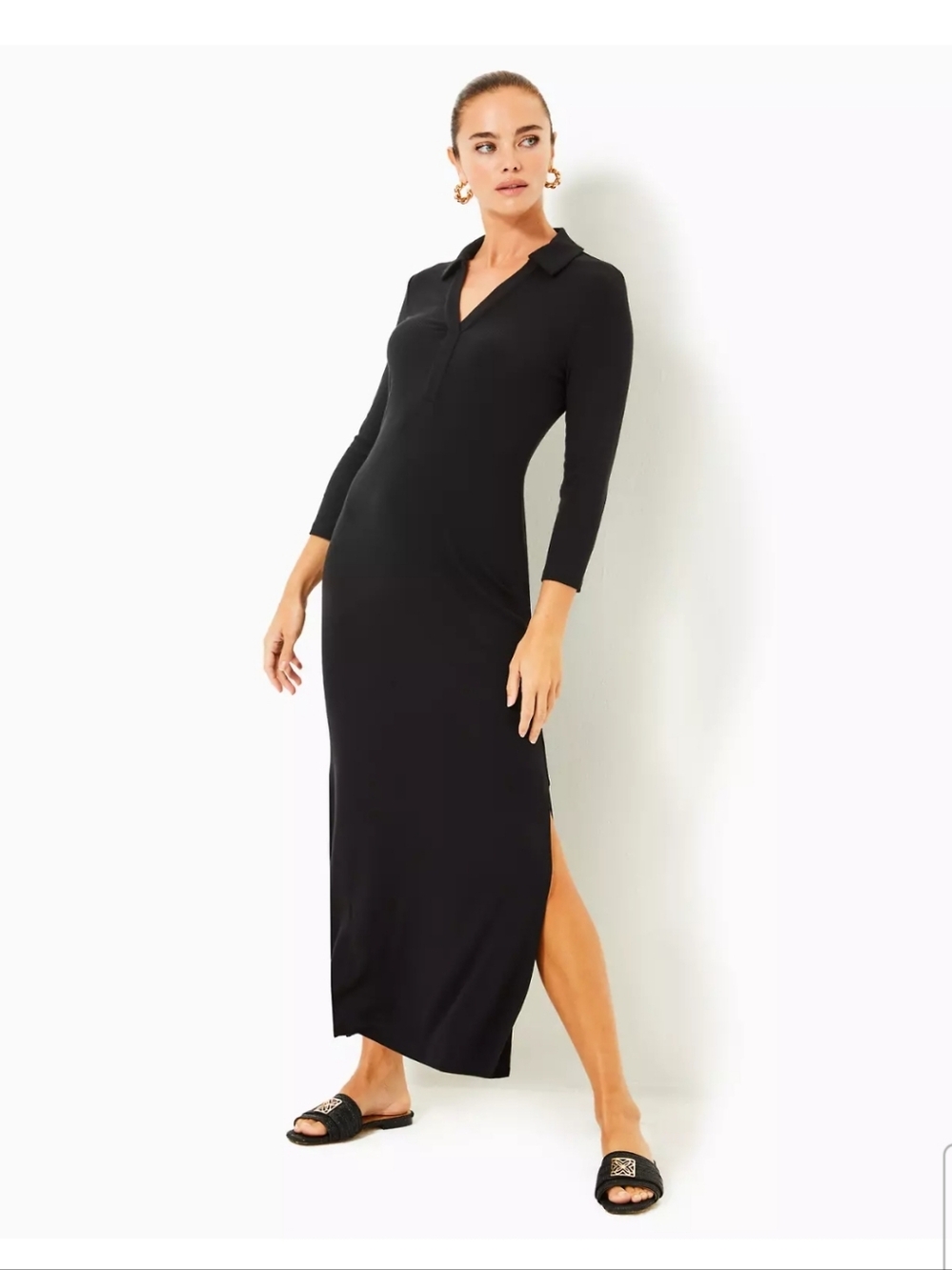 NWT. Lilly Pulitzer Ollie 3/4 Sleeve Maxi Polo Dress Sz. Medium In Black